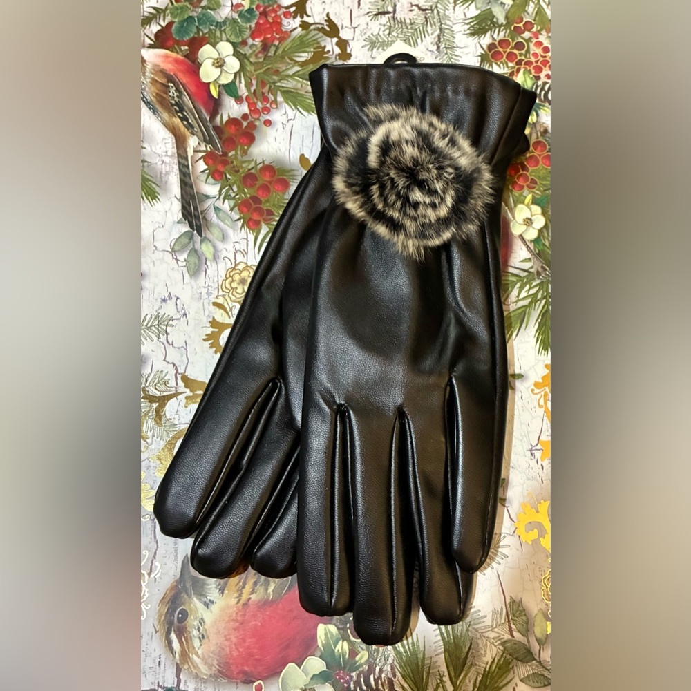 Black Gloves Faux Leather Genuine Rabbit Fur Attachment Cracker Barrel Brand New